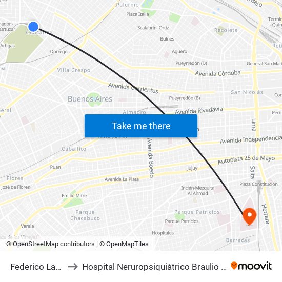Federico Lacroze to Hospital Neruropsiquiátrico Braulio A. Moyano map