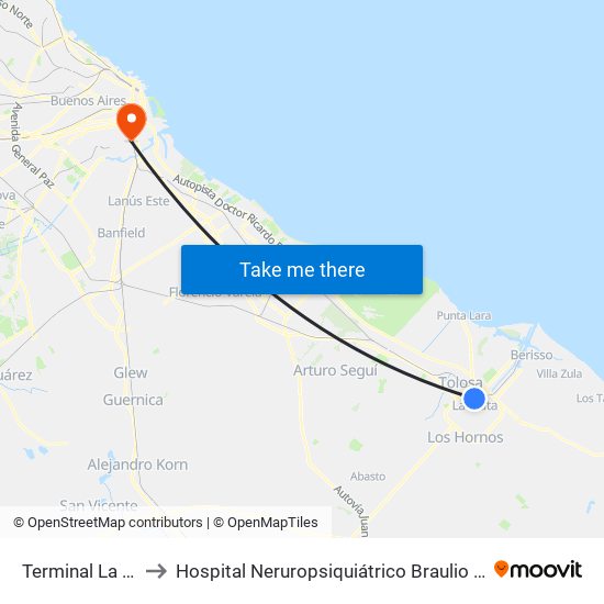 Terminal La Plata to Hospital Neruropsiquiátrico Braulio A. Moyano map