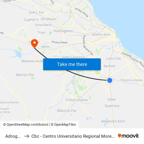 Adrogué to Cbc - Centro Universitario Regional Moreno map