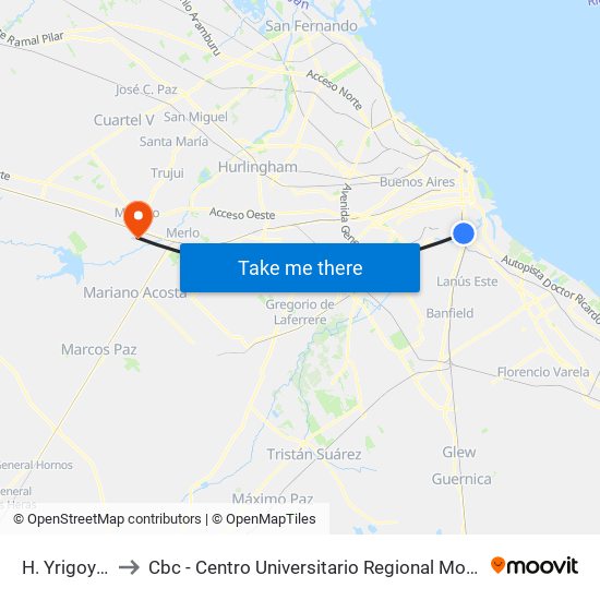 H. Yrigoyen to Cbc - Centro Universitario Regional Moreno map