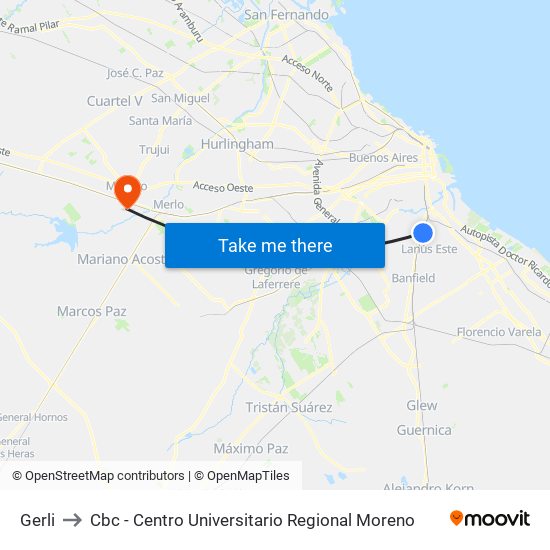 Gerli to Cbc - Centro Universitario Regional Moreno map