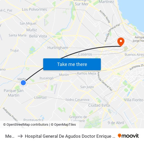 Merlo to Hospital General De Agudos Doctor Enrique Tornú map