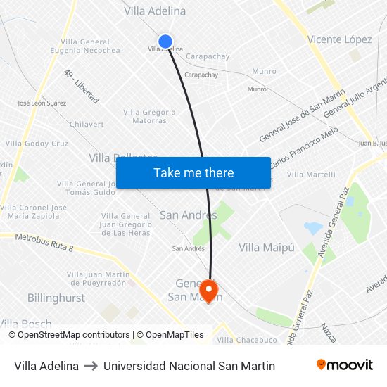 Villa Adelina to Universidad Nacional San Martin map