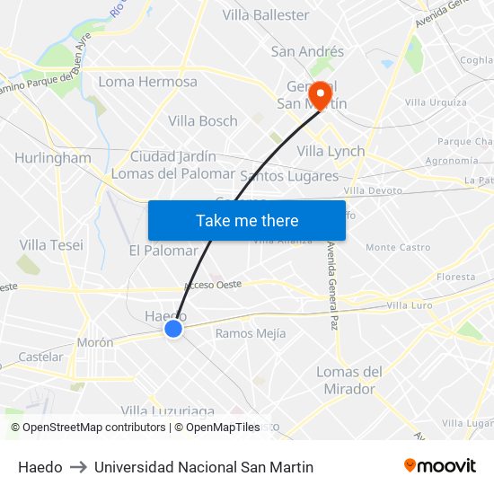 Haedo to Universidad Nacional San Martin map