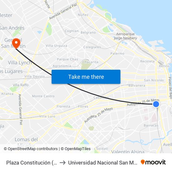 Plaza Constitución (53) to Universidad Nacional San Martin map