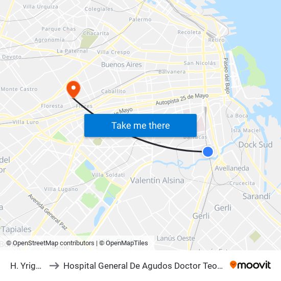 H. Yrigoyen to Hospital General De Agudos Doctor Teodoro Alvarez map