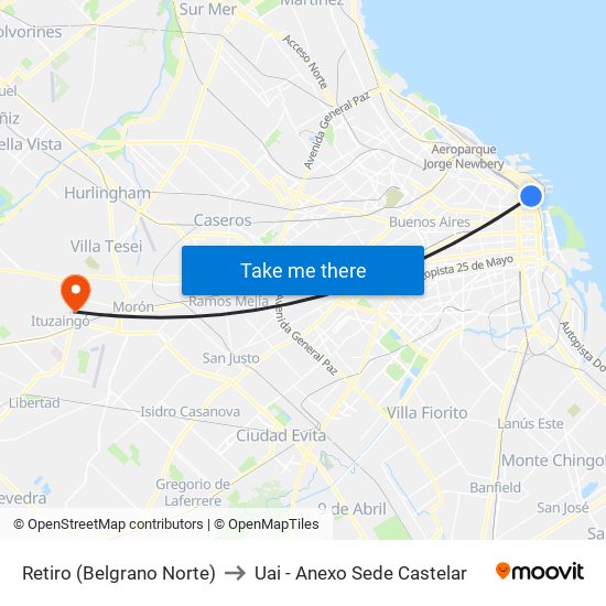 Retiro (Belgrano Norte) to Uai - Anexo Sede Castelar map