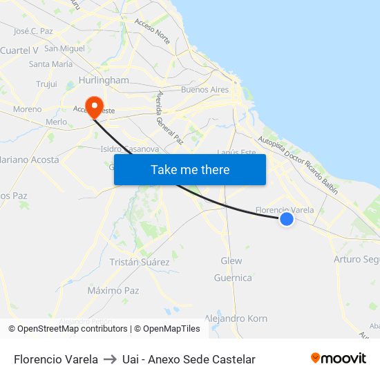 Florencio Varela to Uai - Anexo Sede Castelar map