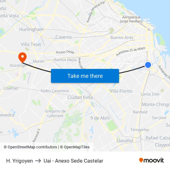 H. Yrigoyen to Uai - Anexo Sede Castelar map