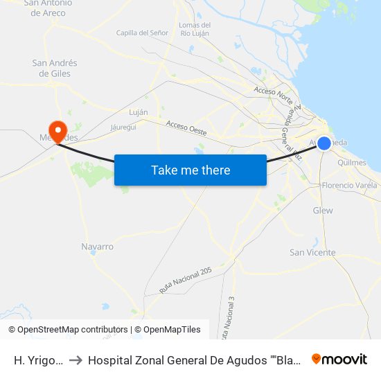 H. Yrigoyen to Hospital Zonal General De Agudos ""Blas Dubarry"" map