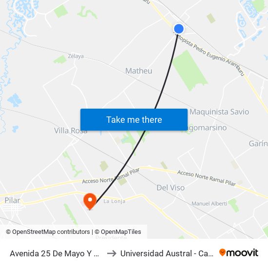 Avenida 25 De Mayo Y Colectora Este to Universidad Austral - Campus Del Pilar map