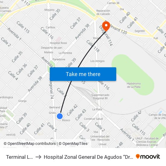 Terminal La Plata to Hospital Zonal General De Agudos “Dr. Ricardo Gutiérrez” map