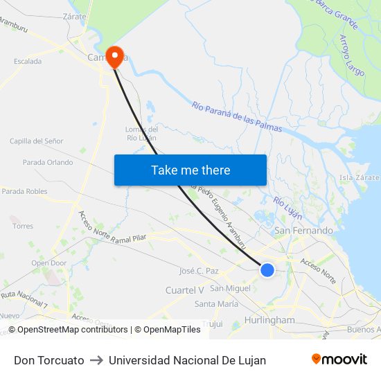 Don Torcuato to Universidad Nacional De Lujan map