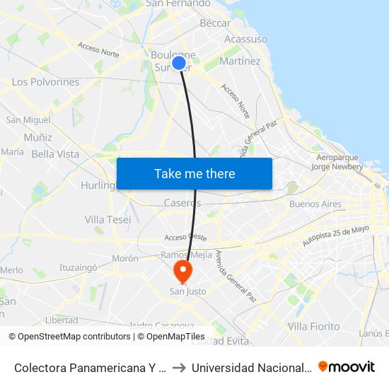 Colectora Panamericana Y Capitán San Martín to Universidad Nacional De La Matanza map