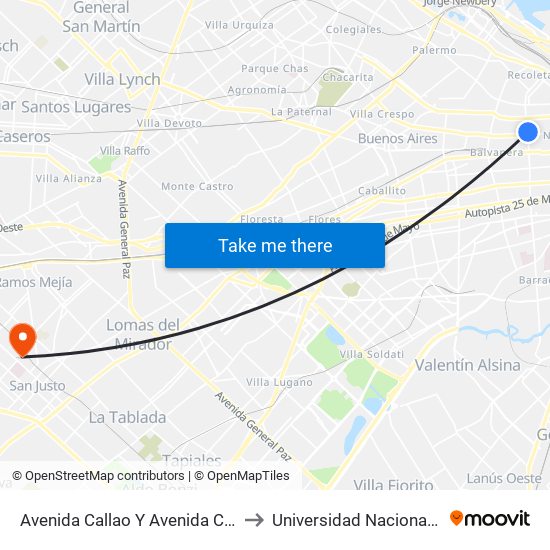 Avenida Callao Y Avenida Corrientes (37 - 124) to Universidad Nacional De La Matanza map