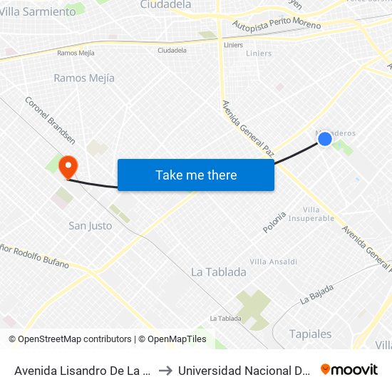 Avenida Lisandro De La Torre Y Rodó to Universidad Nacional De La Matanza map