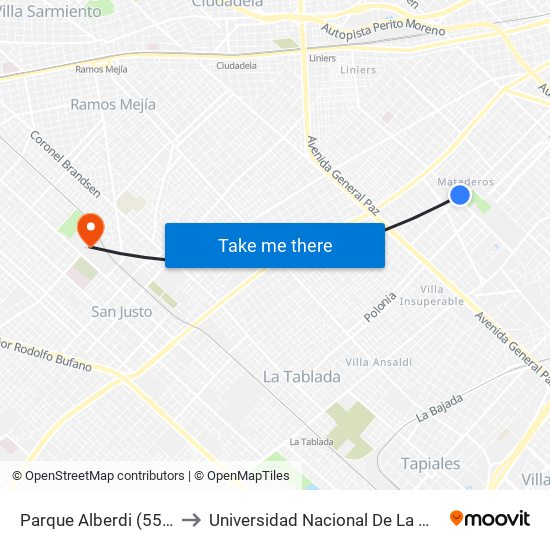 Parque Alberdi (55 - 92) to Universidad Nacional De La Matanza map