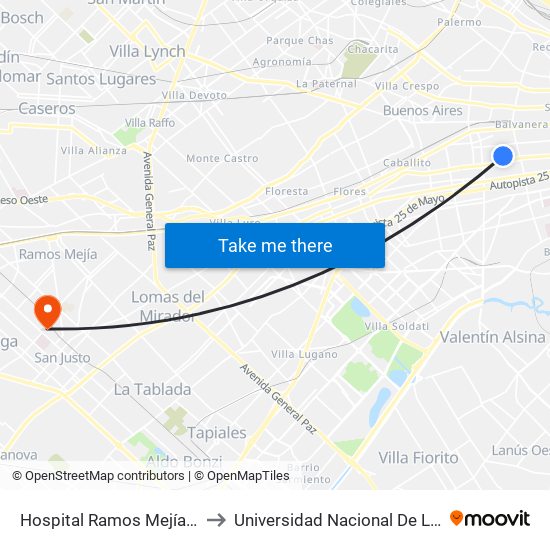 Hospital Ramos Mejía (56 - 75) to Universidad Nacional De La Matanza map