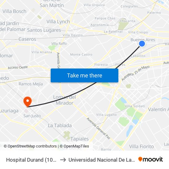 Hospital Durand (105 - 146) to Universidad Nacional De La Matanza map