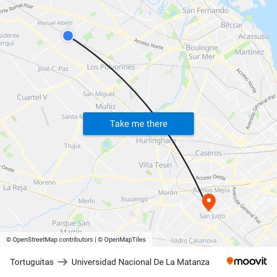 Tortuguitas to Universidad Nacional De La Matanza map