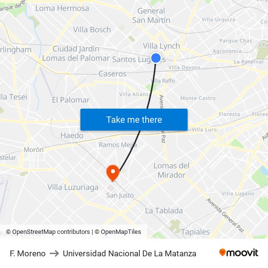 F. Moreno to Universidad Nacional De La Matanza map