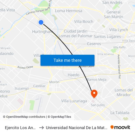 Ejercito Los Andes to Universidad Nacional De La Matanza map