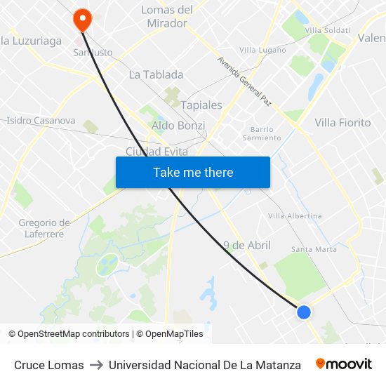 Cruce Lomas to Universidad Nacional De La Matanza map