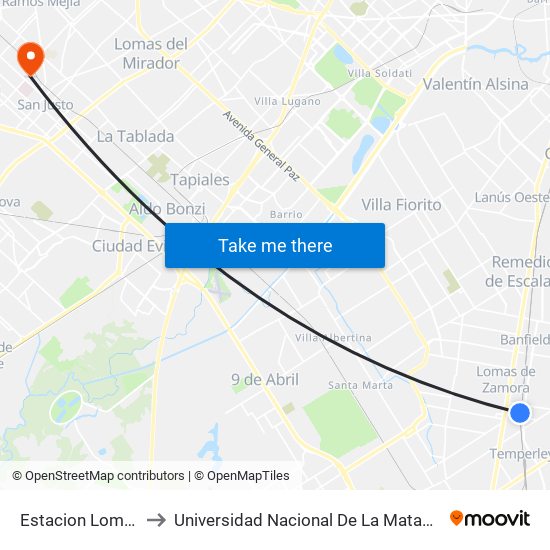 Estacion Lomas to Universidad Nacional De La Matanza map