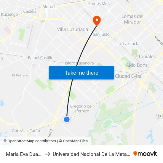 María Eva Duarte to Universidad Nacional De La Matanza map