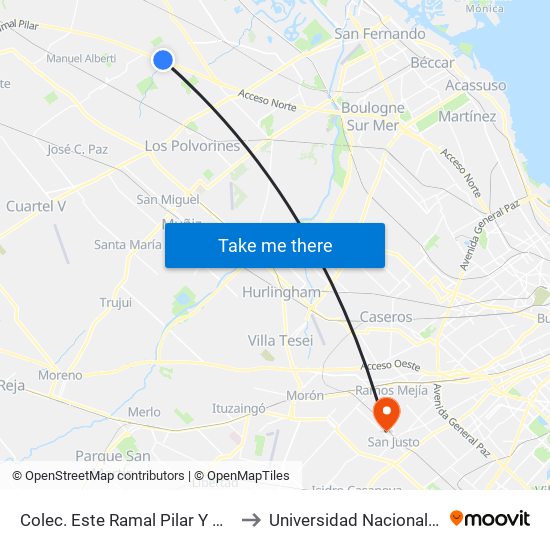 Colec. Este Ramal Pilar Y Av. Olivos - Car One to Universidad Nacional De La Matanza map
