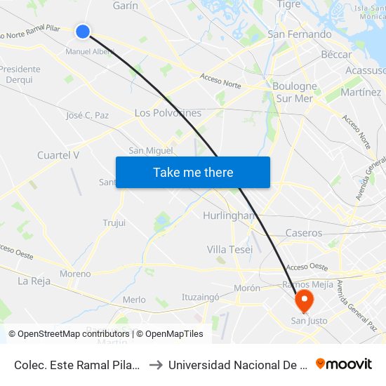 Colec. Este Ramal Pilar Y Ruta 26 to Universidad Nacional De La Matanza map