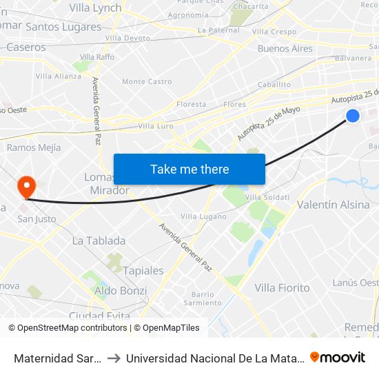 Maternidad Sardá to Universidad Nacional De La Matanza map