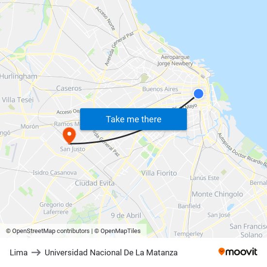 Lima to Universidad Nacional De La Matanza map