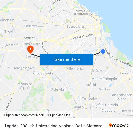 Laprida, 208 to Universidad Nacional De La Matanza map
