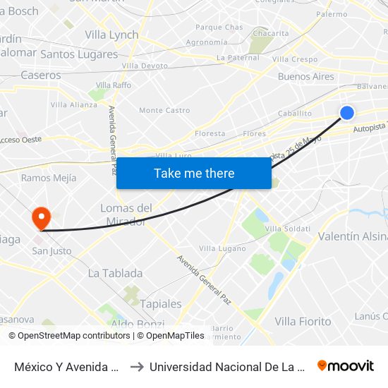 México Y Avenida Boedo to Universidad Nacional De La Matanza map