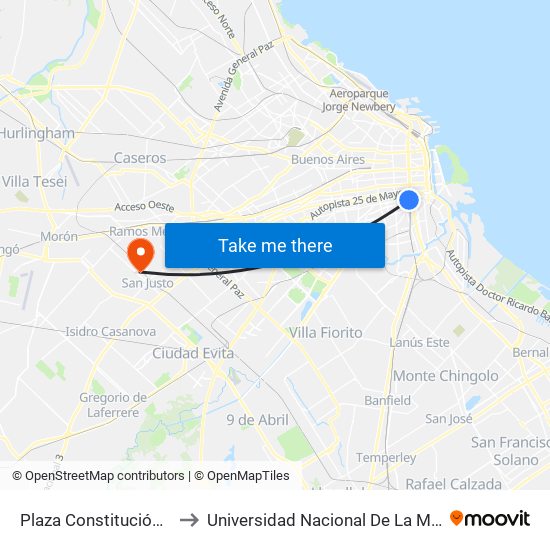 Plaza Constitución (57) to Universidad Nacional De La Matanza map