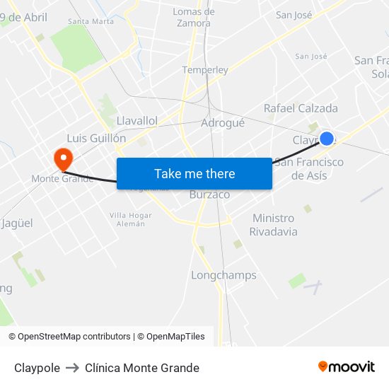 Claypole to Clínica Monte Grande map