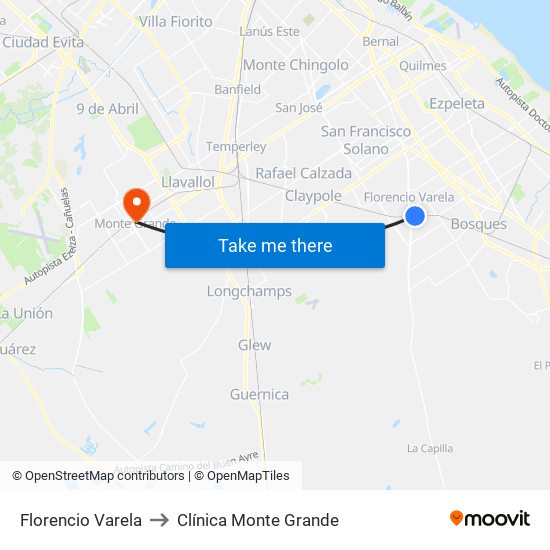 Florencio Varela to Clínica Monte Grande map