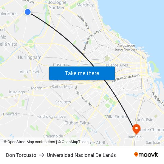 Don Torcuato to Universidad Nacional De Lanús map