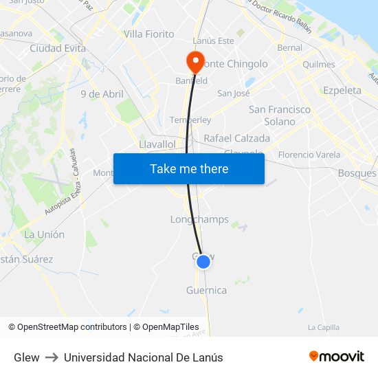 Glew to Universidad Nacional De Lanús map