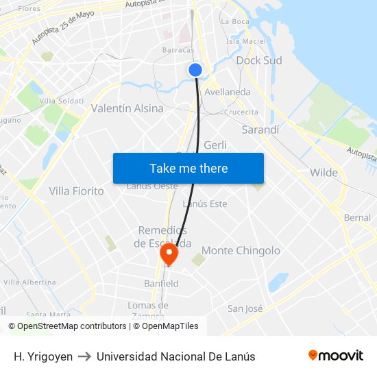 H. Yrigoyen to Universidad Nacional De Lanús map