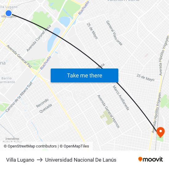 Villa Lugano to Universidad Nacional De Lanús map