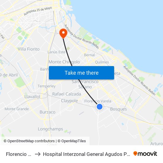 Florencio Varela to Hospital Interzonal General Agudos Presidente Perón map