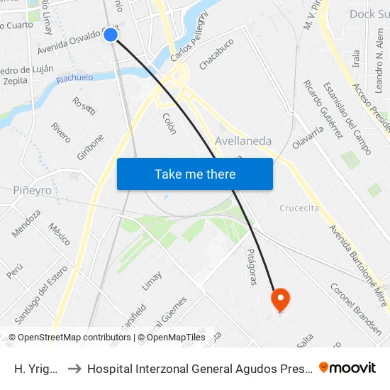 H. Yrigoyen to Hospital Interzonal General Agudos Presidente Perón map