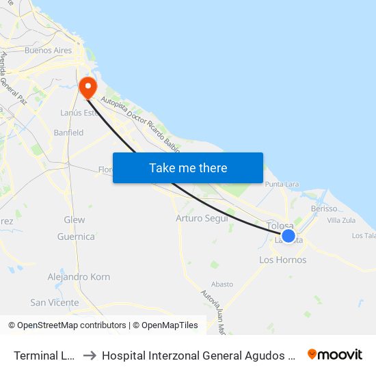 Terminal La Plata to Hospital Interzonal General Agudos Presidente Perón map