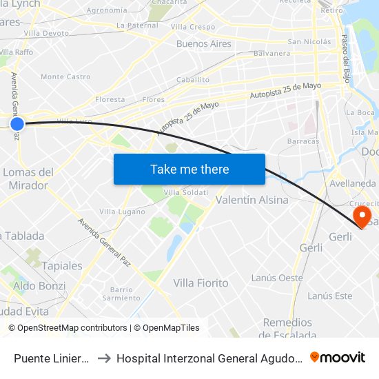 Puente Liniers (Arriba) to Hospital Interzonal General Agudos Presidente Perón map