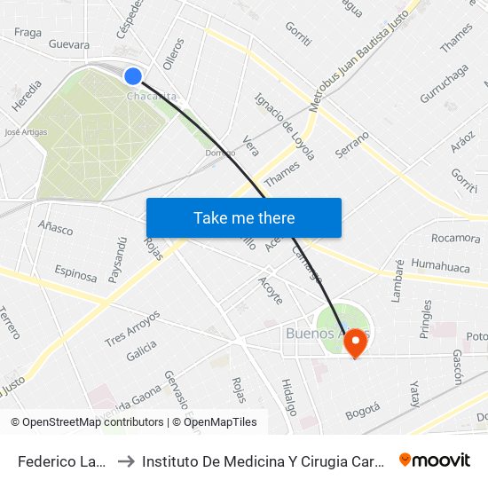 Federico Lacroze to Instituto De Medicina Y Cirugia Cardiovascular map