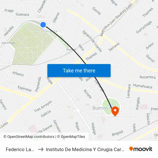 Federico Lacroze to Instituto De Medicina Y Cirugia Cardiovascular map