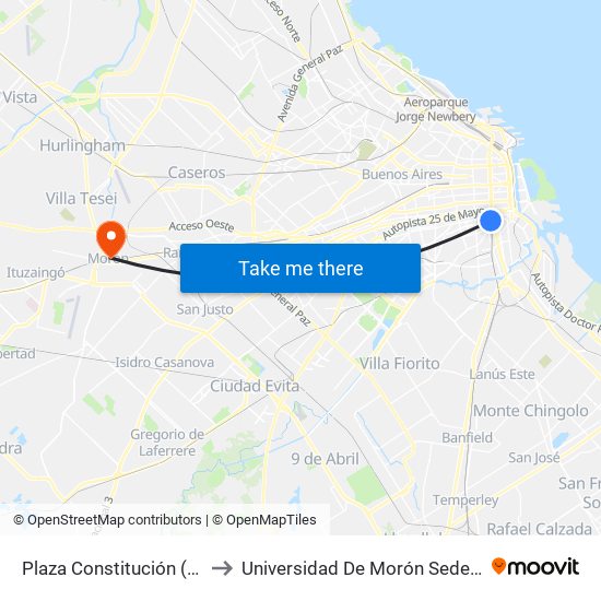 Plaza Constitución (9  - 91) to Universidad De Morón Sede Central map