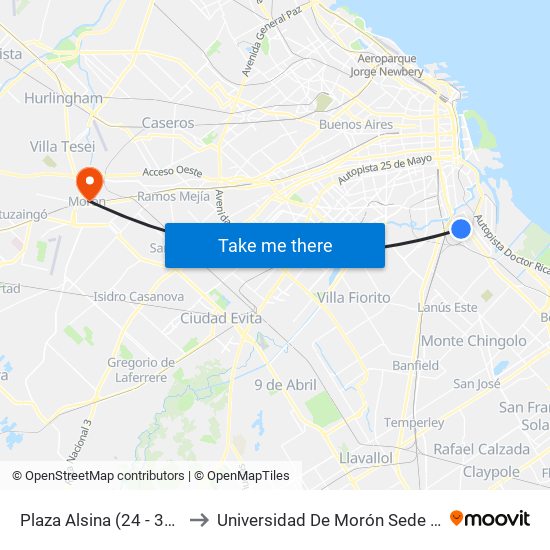 Plaza Alsina (24 - 33 - 95) to Universidad De Morón Sede Central map